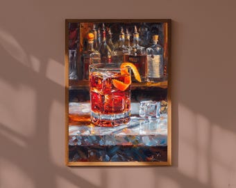 Negroni Cocktail Oil Painting: Bar Cart Wall Art Print