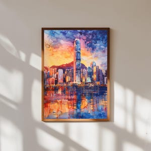 Hong Kong Skyline Watercolor Print: Sunset Cityscape Wall Art