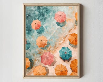 Beach Umbrellas Aerial Print: Colorful Coastal Seaside Art