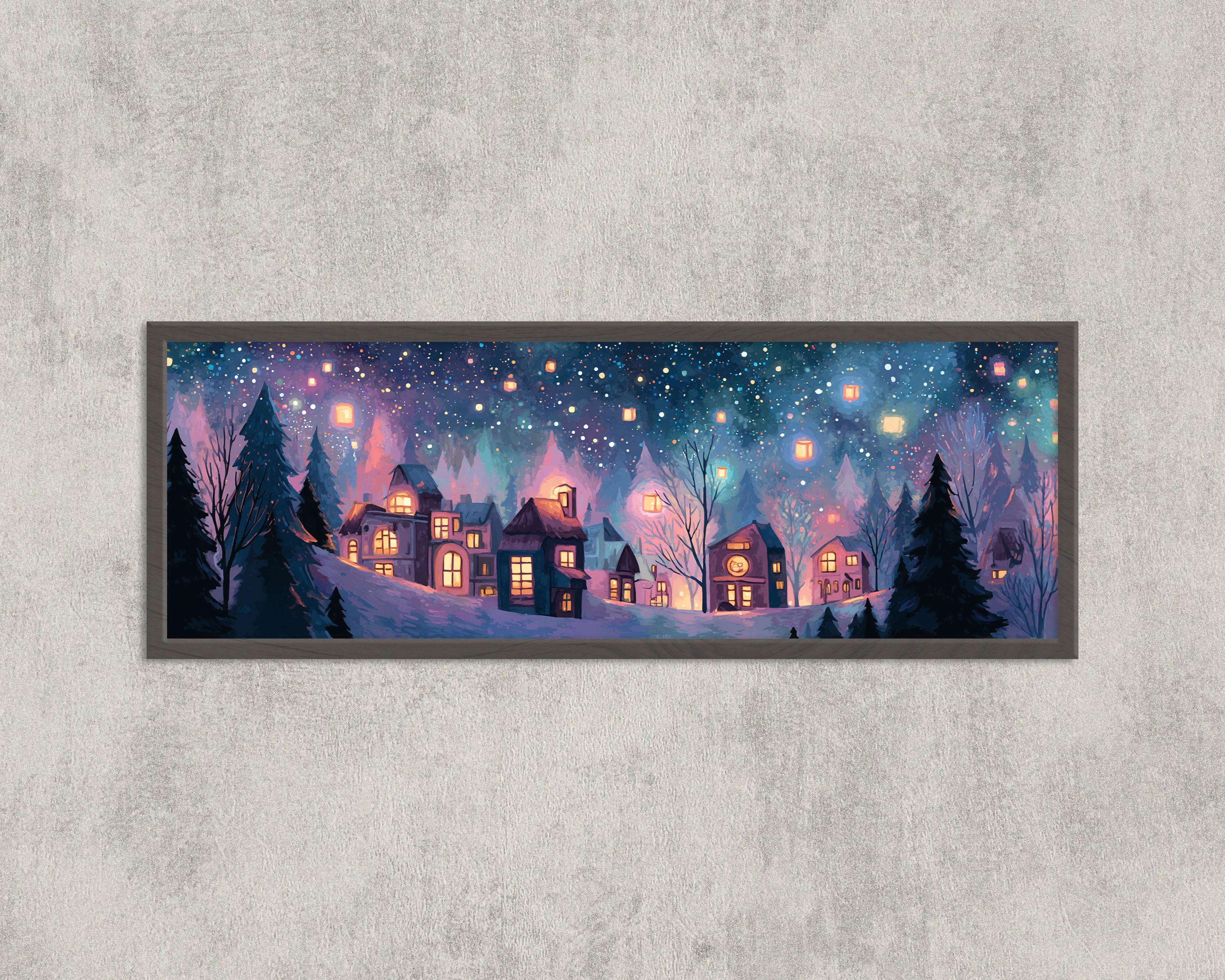 【 L出品 】 50×40cm size art Winter Village Lantern Art Print: Whimsical Starry Night Wall