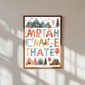 Poster per cameretta con l'alfabeto avventuroso / Arte murale per bambini all'aperto dalla A alla Z / Tabella ABC per campeggio e natura / Decorazione per cameretta per bambini esploratori / Regalo per bambini piccoli