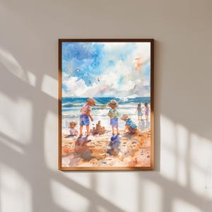 Impresión de acuarela de playa caprichosa, arte de niños jugando junto al mar, arte de pared para guardería, decoración de habitación infantil costera, ilustración del océano de verano