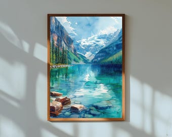 Aquarell Gemälde von Lake Louise Banff | Emerald Lake & Snowy Peaks Wand Kunst Druck | Kanadische Rockies Natur Poster