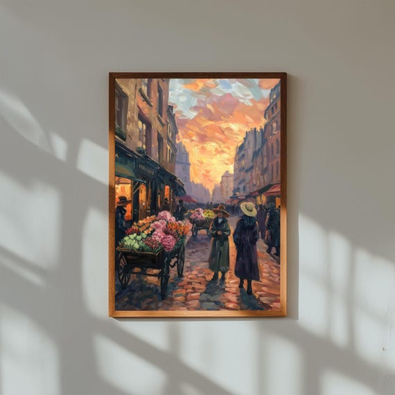 1920s Paris Flower Market Print, Impressionist Sunrise Wall Art, Vintage French Market Poster, Romantic Oil Painting Style Decor