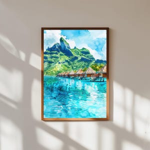 Stampa acquerello di Bora Bora / Stampa murale di bungalow tropicali sull'acqua / Poster di un'isola lagunare / Decorazione dell'oceano della Polinesia francese