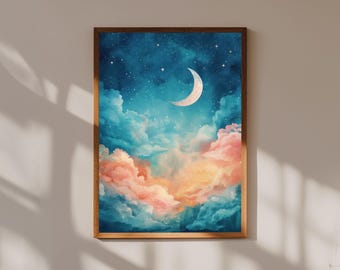 Impresión de acuarela de cielo de ensueño: arte de nubes pastel, decoración infantil