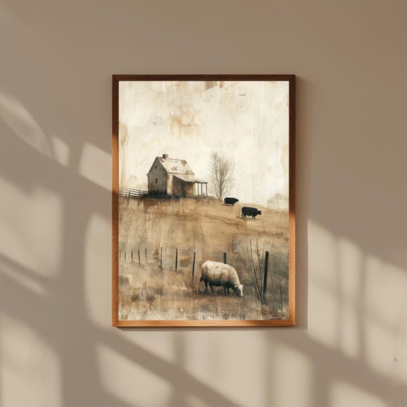Country Farmhouse Painting – Cows & Sheep Grazing in Field – Rustic Pastoral Wall Art for Home or Cabin Decor
