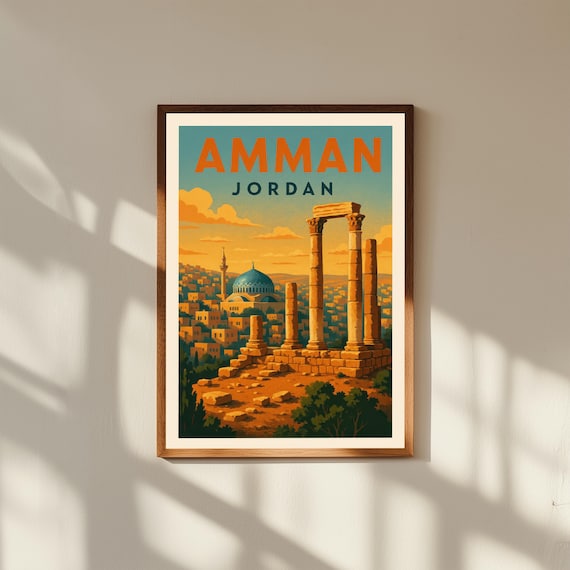 Amman Jordan Vintage Travel Poster Print – Retro Wall Art of Citadel & Roman Theatre – Middle Eastern Cityscape Decor for Home