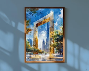 Watercolor Painting of the Dubai Frame UAE | Modern Landmark Wall Art Print | Futuristic Architecture Travel Poster