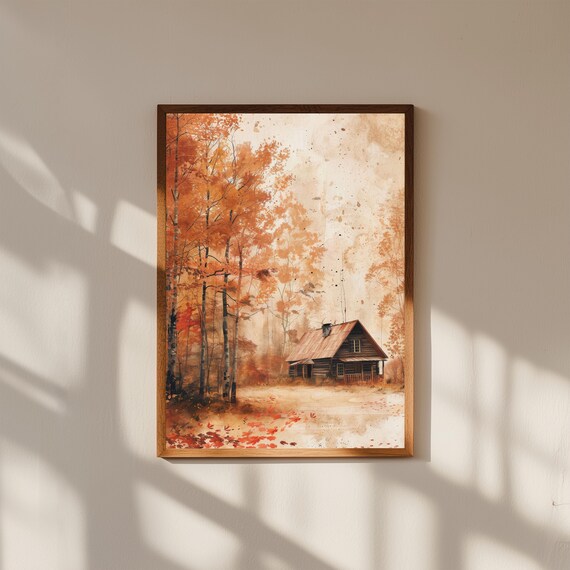 Cozy Forest Cabin Poster Art – Rustic Nature Wall Print, Woodlands Cabin Landscape Decor, Mountain Forest Art for Bedroom or Living Room