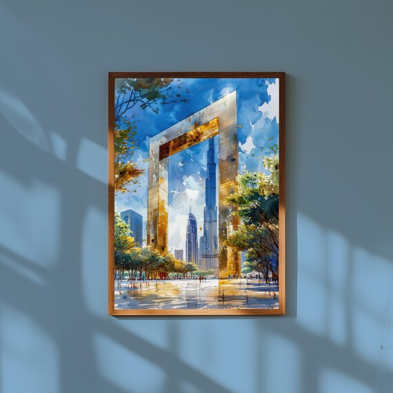 Watercolor Painting of the Dubai Frame UAE | Modern Landmark Wall Art Print | Futuristic Architecture Travel Poster