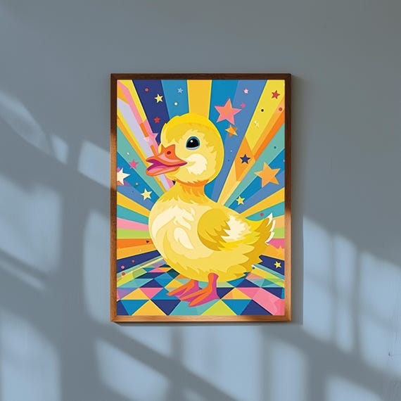 Funky Baby Duckling Nursery Art – Cute Yellow Duck Poster, Whimsical Animal Wall Print, Modern Gender Neutral Baby Room Decor