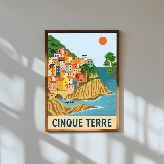 Cinque Terre Italy Painting Poster – Colorful Coastal Wall Art – Italian Riviera Print for Home or Office Decor