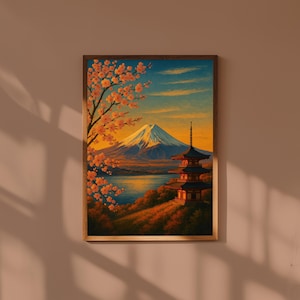 Mount Fuji Japan Painting Poster – Japanese Landscape Wall Art – Minimal Nature Print for Zen Home Decor