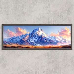 May include: A framed print depicting a mountain range with snow-covered peaks and a colourful sky. The artwork uses blues, whites, and warm sunset colours, creating a tranquil and scenic landscape. The frame is dark grey.