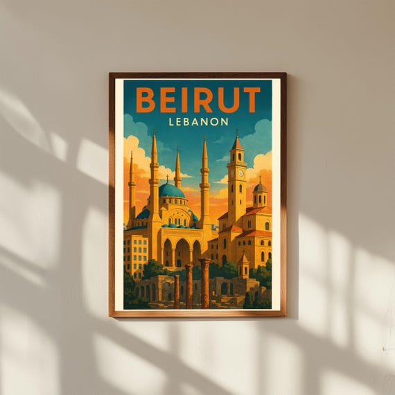 Beirut Lebanon Vintage Travel Poster Print – Retro Wall Art of Mediterranean Coastline & Cityscape – Lebanese Decor for Home