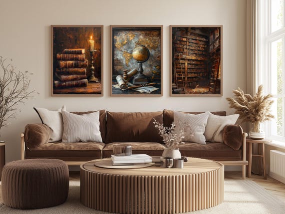 Dark Academia Library Wall Art – Antique Books, World Globe & Grand Bookcase Prints Set, Scholar’s Vintage Study Decor