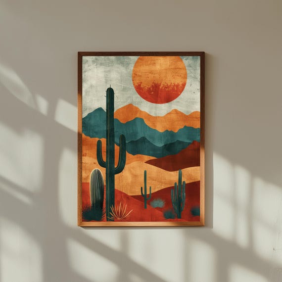 Retro Desert Wall Art Print – Vintage Cactus Sunset Illustration – Southwestern Boho Home Decor – Mid Century Modern Cacti Poster