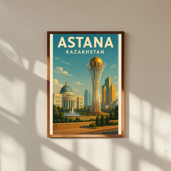 Astana Kazakhstan Vintage Travel Poster Print – Retro Wall Art of Bayterek Tower & Modern Skyline – Central Asia Decor for Home