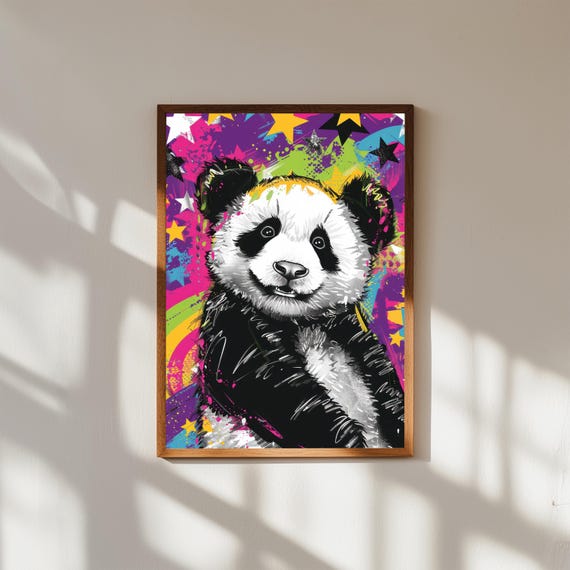 Funky Baby Panda Nursery Art – Cute Animal Wall Poster, Whimsical Panda Print, Modern Gender Neutral Baby Room Decor