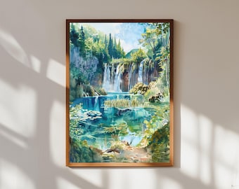 Plitvice Lakes Watercolor Art Print, Croatia Waterfall Landscape Painting, Scenic Nature Wall Decor