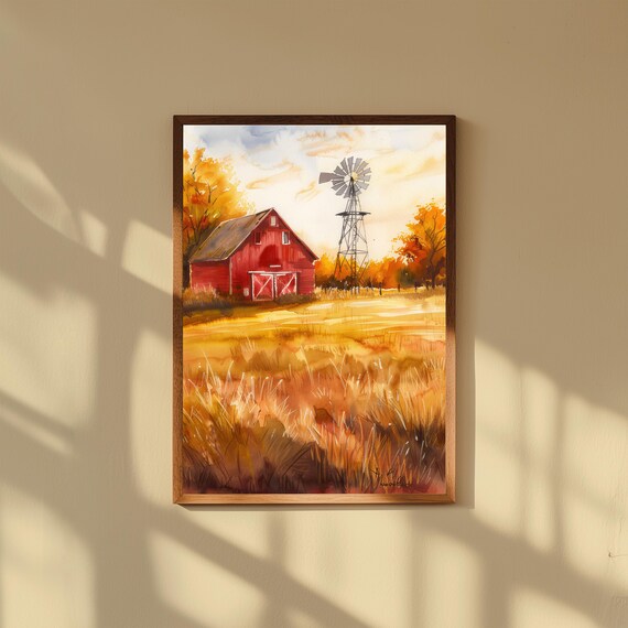 Vintage Red Barn Watercolor Print – Windmill & Golden Field Farmhouse Wall Art – Rustic Country Landscape Painting Decor