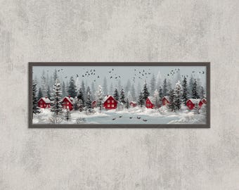 Pode incluir: Pintura emoldurada de uma paisagem de inverno com casas vermelhas rodeadas por árvores perenes cobertas de neve. Um lago congelado com patos em primeiro plano e pássaros voando. A obra de arte está em uma moldura cinza.