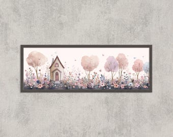 Whimsical Cottage Nursery Wall Art, Fairy Tale House Illustration, Kids Room Print