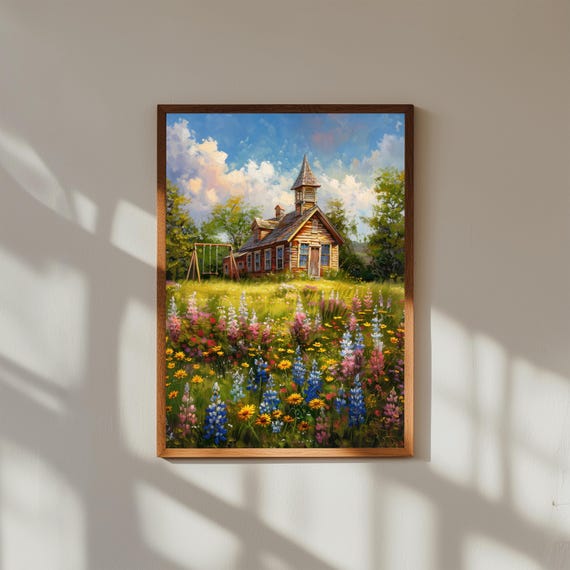 Abandoned Schoolhouse Spring Print, Rustic Wildflower Meadow Poster, Countryside Wall Art, Vintage Nature Illustration, Cottagecore Decor