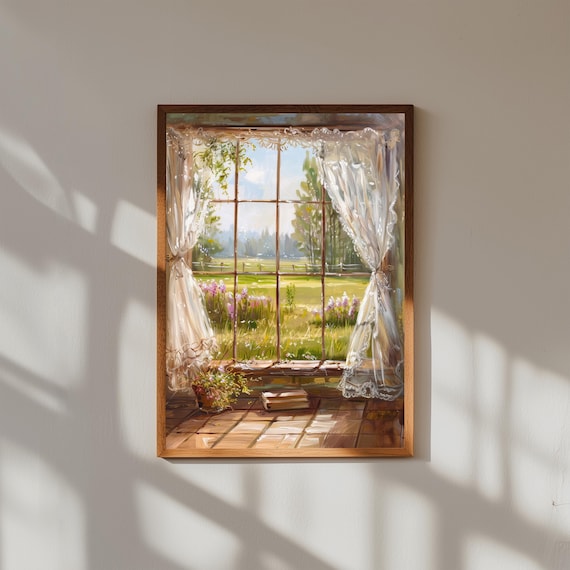 Vintage Farmhouse Window Art Print | Sheer Lace Curtains Blowing | Rustic Cottage Wall Art | Peaceful Country Home Decor