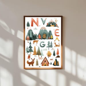 Póster infantil con alfabeto de aventuras, arte mural con temática de exteriores de la A a la Z, decoración para habitación de bebé con temática natural, impresión infantil de acampada, tabla ABC de exploradores