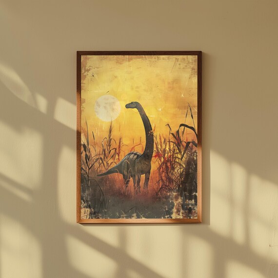 Vintage Brontosaurus Cornfield Print – Whimsical Dinosaur Art at Dawn – Quiet Farm Scene Wall Decor – Surreal Rustic Illustration