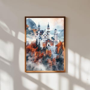 Neuschwanstein Castle Watercolor Wall Art Print, Germany Landscape Painting, Bavarian Fortress Decor, European Travel Artwork