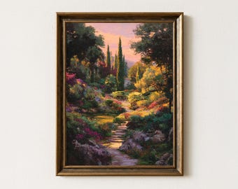 Mediterranean Garden Sunset Oil Painting Print: Tuscany Landscape Wall Art