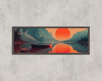 Canoe Sunset Print: Alpine Lake, Fiery Sun, Mountain Reflection