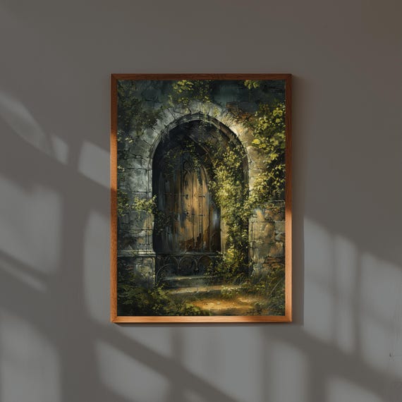 Dark Academia Fine Art Print – Grand Arched Stone Doorway Painting – Gothic Architecture Wall Art for Study or Library
