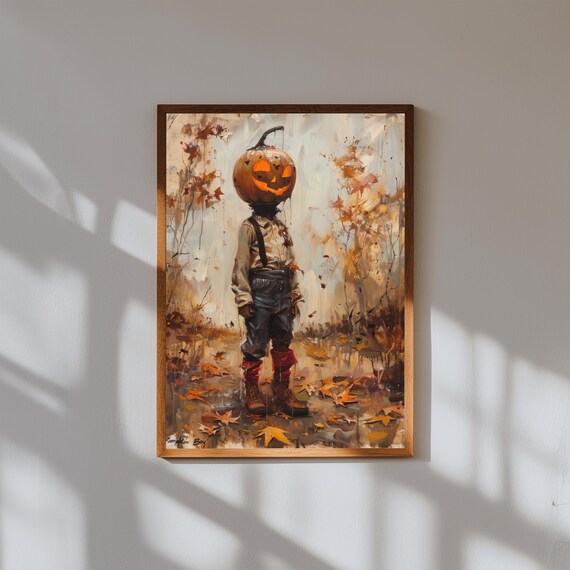 Pumpkin Boy in Foggy Autumn Field – Vintage Oil Painting Print, Halloween Folk Art, Spooky Fall Decor, Haunted Harvest Wall Art