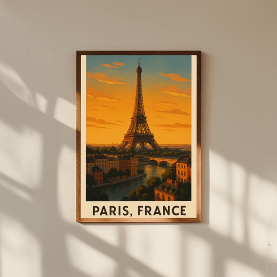 Paris France Vintage Travel Poster – Eiffel Tower Wall Art – Retro Paris Print for Home or Office Decor