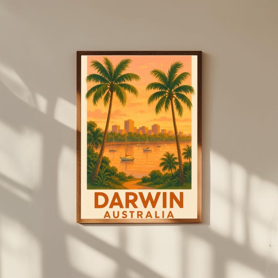 Darwin Australia Vintage Travel Poster – Northern Territory Wall Art Print – Tropical Skyline Decor for Home or Office