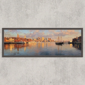 May include: A framed panoramic painting of a harbor scene at sunset. The artwork depicts a city skyline with buildings and towers, boats, and reflections in the water. The sky is filled with clouds and warm colors.