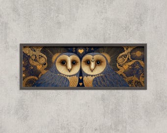 Impresión romántica de búho: Corazones dorados celestiales, decoración espiritual de lujo