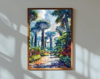 Gardens by the Bay Watercolor Print – Supertree Grove Art, Singapore Travel Poster, Futuristic Nature Decor, Lush Greenery Wall Art