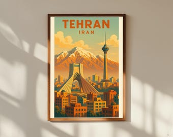 Tehran Iran Vintage Travel Poster Print – Retro Wall Art of Milad Tower & Alborz Mountains – Persian City Decor for Home or Office