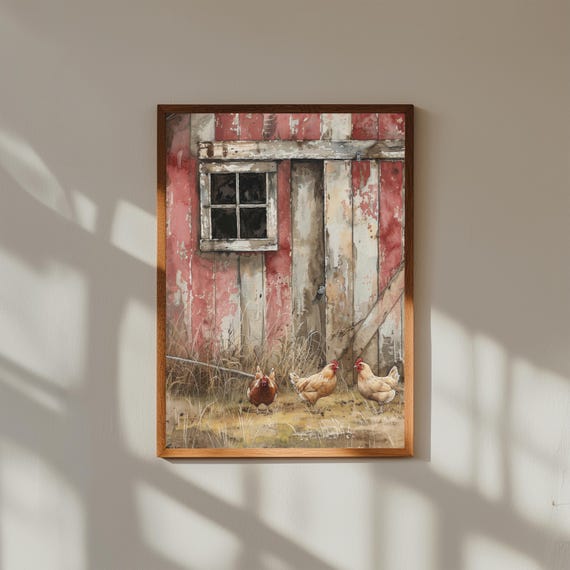 Country Farmhouse Chicken Painting – Rustic Coop Wall Art – Farm Animal Print for Kitchen or Country Home Decor