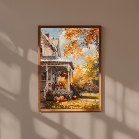 Elegant Victorian Farmhouse Oil Painting – White Trim Vintage Country Home Art – Classic Fine Art Print for Traditional Decor