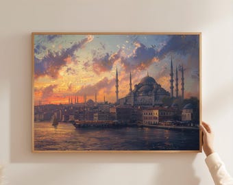 Istanbul Skyline Art Print, Sunset Wall Art, Turkey Cityscape Decor, Mosque Oil Painting, Framed Home Gift, Living Room, Office
