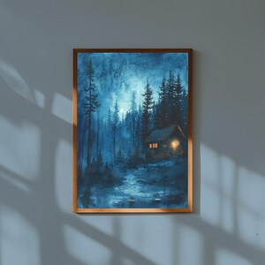 Blockhütte unter Sternennacht - Wald Poster Kunst, Verzauberte Wildnis Wanddruck, rustikale Hütte Nachtlandschaft Dekor