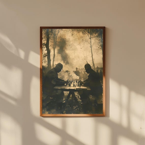 Vintage Chess Match Wall Art Print – Sepia Photography Poster – Retro Men Playing Chess in Fog – Moody Antique Decor for Game Room