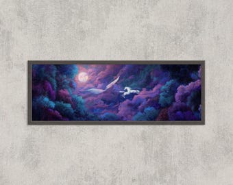 Pegasus Wall Art, Enchanted Forest Fantasy Print, Moonlit Unicorn Horse Painting