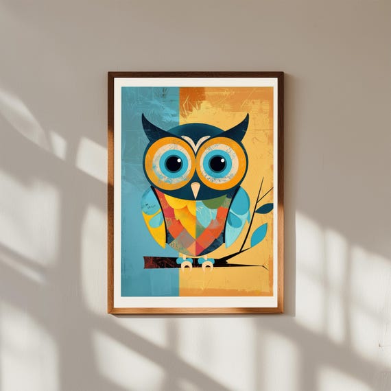 Funky Baby Owl Nursery Art – Whimsical Woodland Animal Poster, Cute Owl Wall Print, Modern Gender Neutral Baby Room Decor